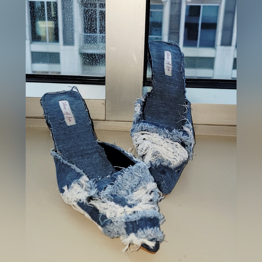 "KIMBERLY" Custom Order Denim & Diamonds Mules with Floral Accent